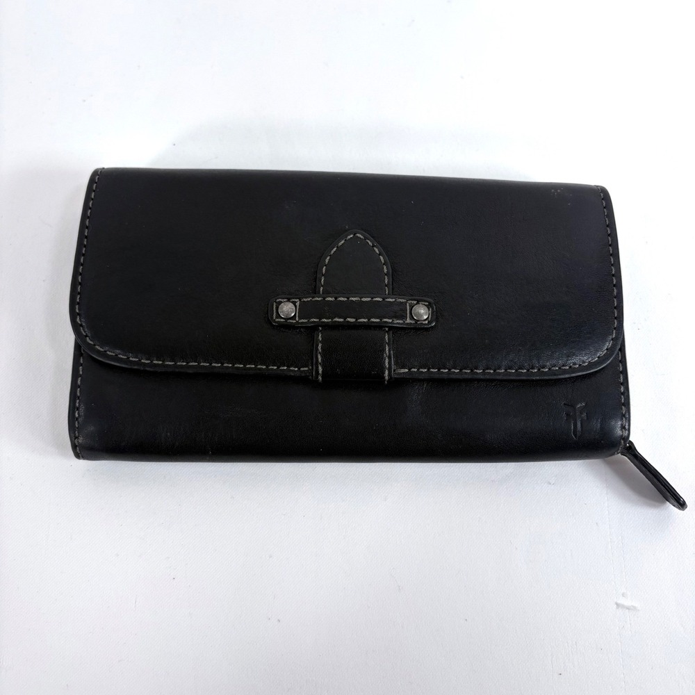 Frye Continental Wallet Black Leather Flap Stud Tab Accordion Organizer 4x6.5